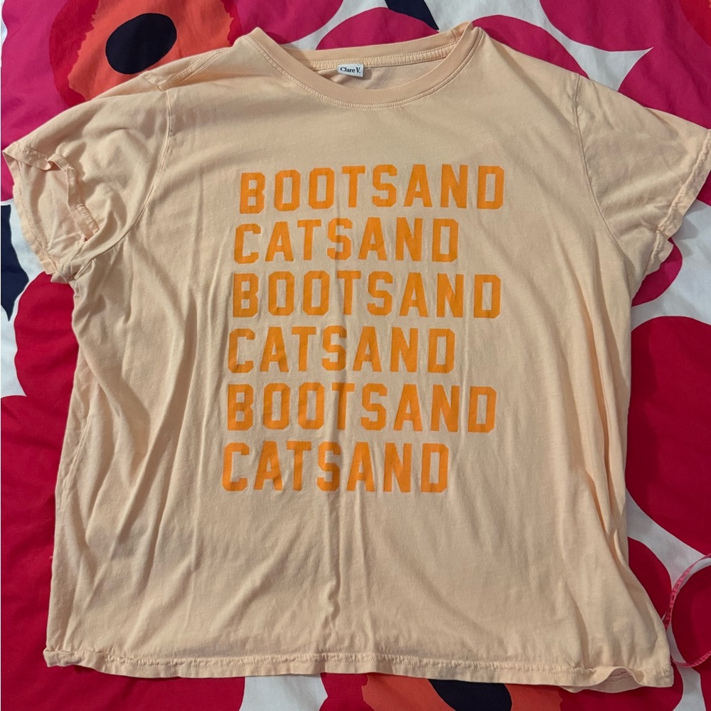 Clare V Peach Graphic Tee with Orange Text - 'BOOTSAND CATSAND'